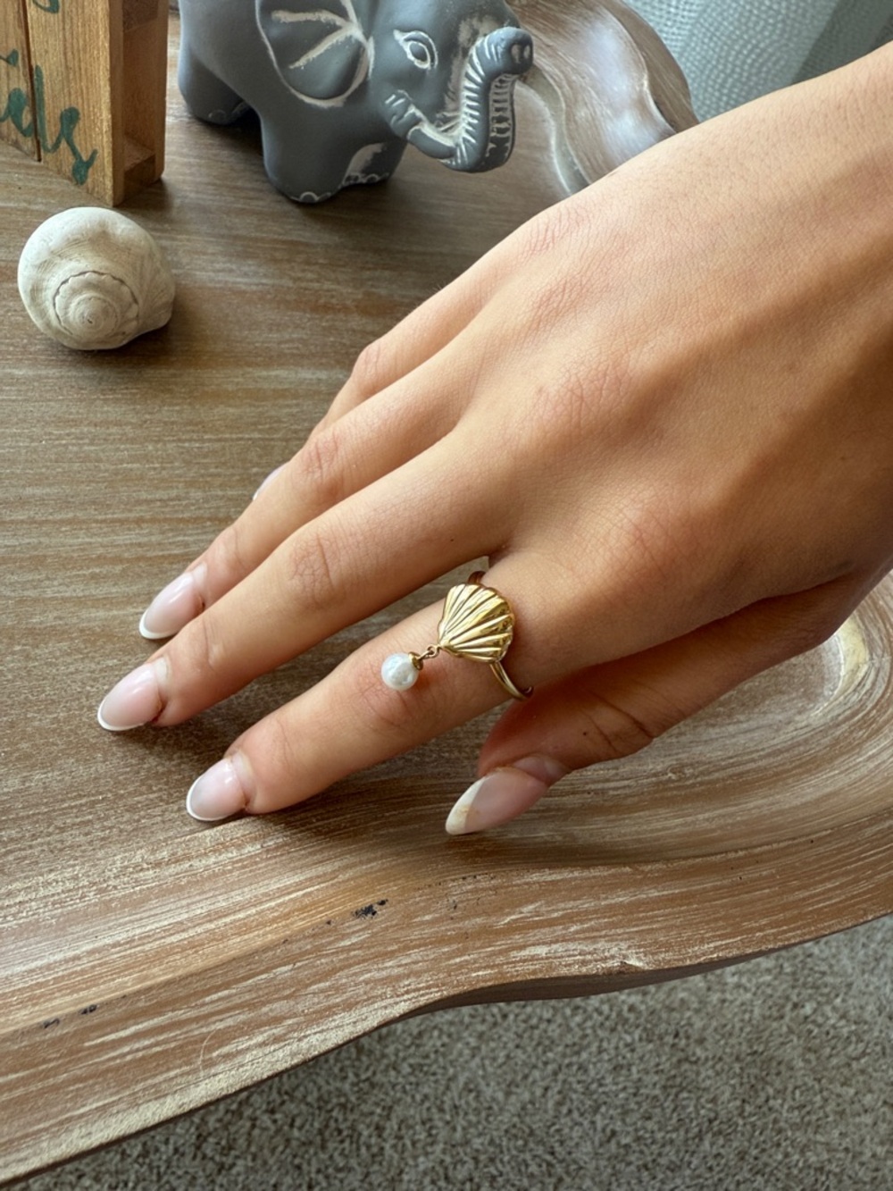Gold Seashell Pearl Drop Ring - 316 Stainless Steel - Picture 11 of 12